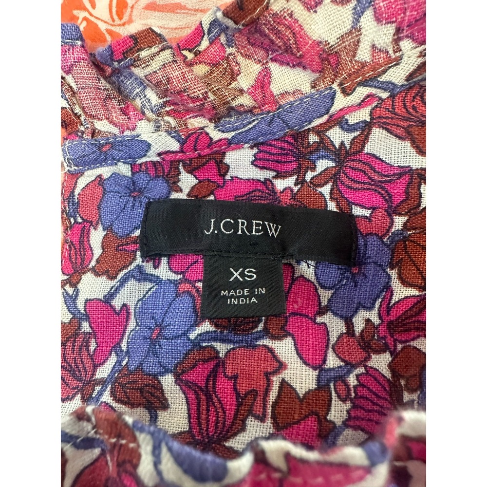 J.Crew Smocked 100% Linen Puff-Sleeve Top in Berry Floral High Neck Blouse XS - Picture 6 of 12